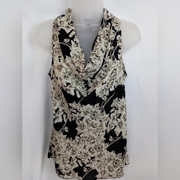 BANANA REPUBLIC Floral Cowl Neck Sleeveless Top - Black and Ivory Cream-(#1,439) - Picture 1 of 9
